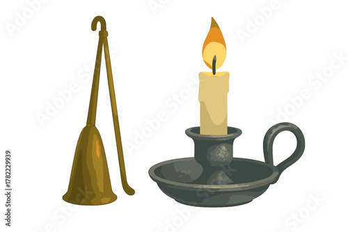 Antique brass candle snuffer placed next to a burning wax candle in a vintage metal holder