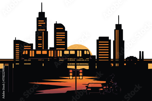 A silhouetted cityscape featuring tall buildings and a setting sun, casting warm orange and yellow hues across the scene.