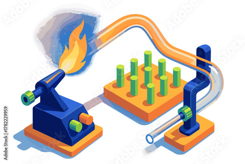 Abstract isometric industrial process system featuring flame, conduits, and green cylindrical components
