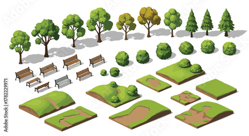Build serene park scenes with isometric trees, benches, and lush green landscapes for your next design project