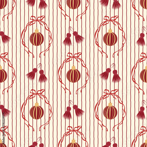 Christmas ornaments vector seamless pattern. Maroon red xmas baubles, festive tassels and ribbons on striped background. Luxurious trendy winter holiday decorations repeat design in burgundy colors