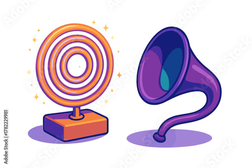 Stylized glowing target icon and purple curved gramophone horn isolated on white background