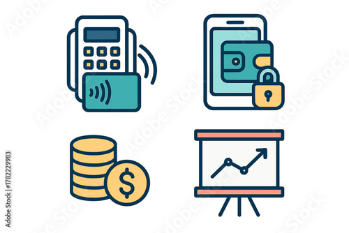 Financial technology icons showing digital payment security and market growth analysis