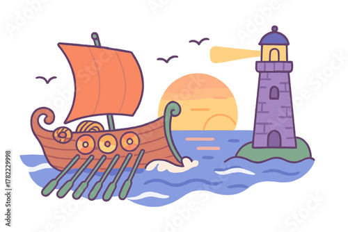 Stylized Viking longship with oars and shields sailing near a coastal lighthouse during sunset