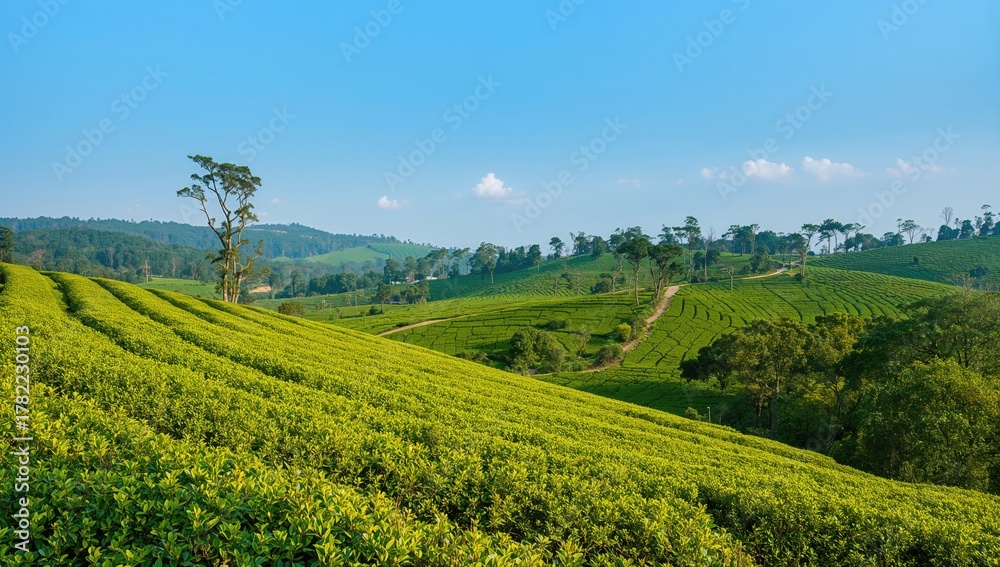 Fototapeta premium Green tea plantations, showcasing seasonal change