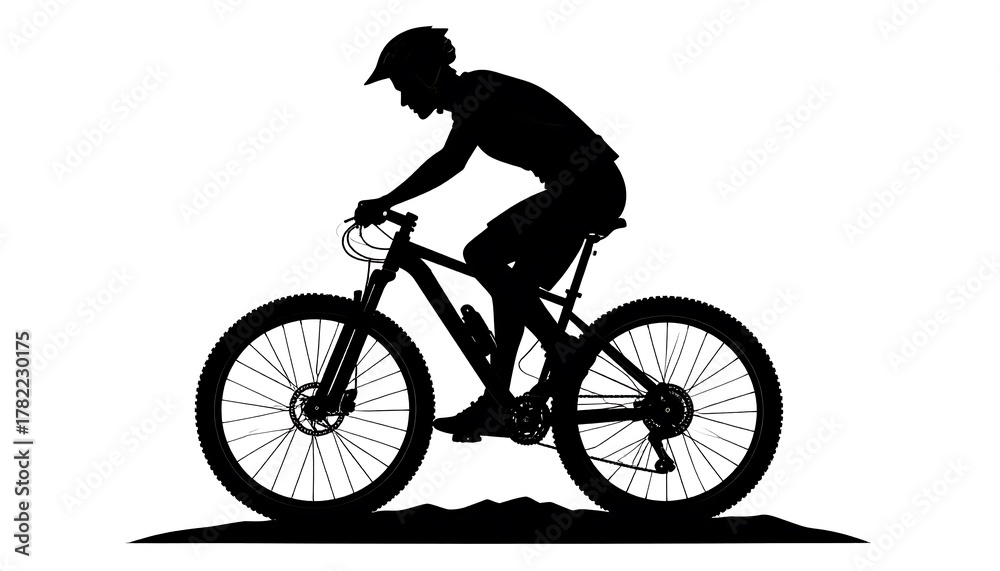Fototapeta premium Silhouette image of a person riding a mountain bike on a terrain, wearing a helmet. The person appears focused, knees bent. Black outline against white background