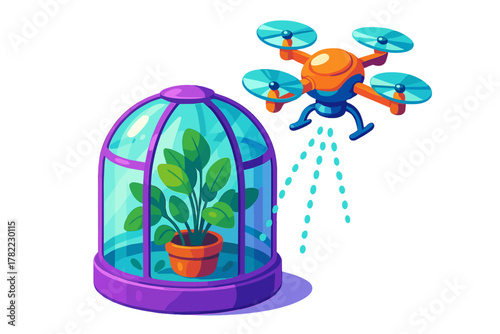 Automated drone watering a potted plant protected inside a glass dome for smart farming
