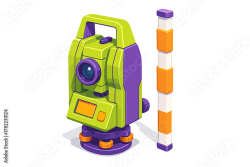 Professional total station and prism pole in isometric view for land surveying and construction
