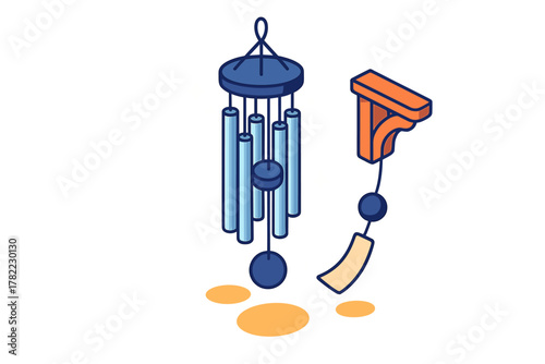 Decorative isometric wind chime with metal tubes and hanging ornament for tranquility