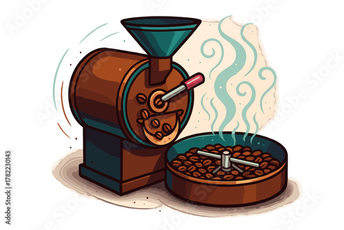 Vintage coffee roasting machine processing fresh aromatic beans in a traditional style roaster