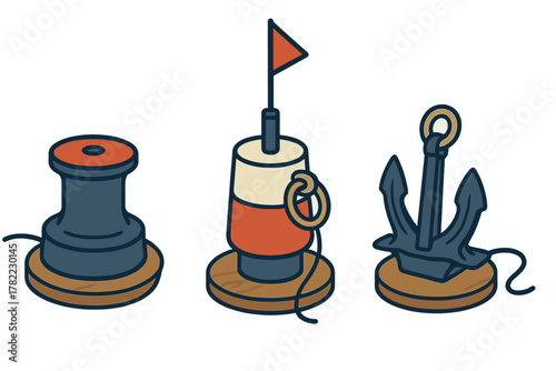 Nautical set of marine equipment including anchor, buoy, and capstan on wooden bases