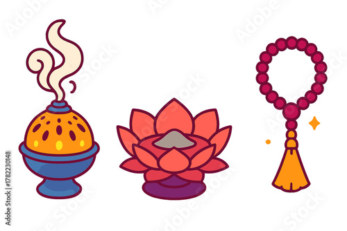 Set of spiritual objects including incense burner, lotus flower, and traditional mala prayer beads