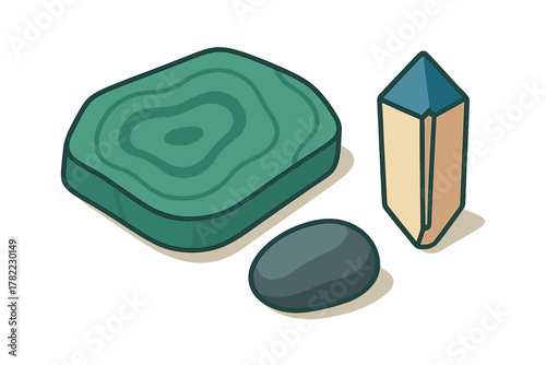 Isometric set of natural elements including a contoured green rock, a smooth dark pebble, and a tall crystal formation