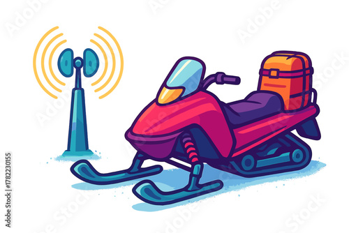Winter delivery snowmobile transporting goods near a telecommunication tower