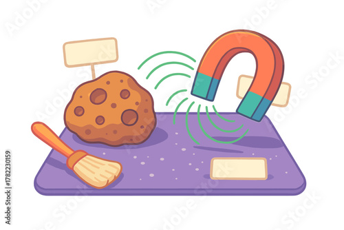 Scientific examination of a meteorite or asteroid using a magnet and brush