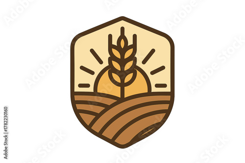 Stylized agricultural badge with wheat grain ear, sun, and cultivated farm fields logo