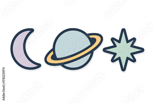 Set of stylized celestial icons featuring a crescent moon, ringed planet, and sparkling star