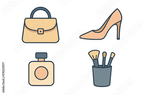 Essential fashion and beauty accessories set with handbag, high heel shoe, perfume, and makeup brushes