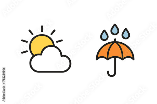 Weather icons set showing sun behind a cloud and an umbrella with falling raindrops