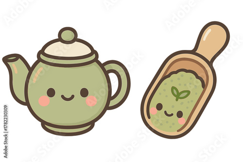 Smiling green teapot and wooden scoop filled with matcha powder in kawaii style