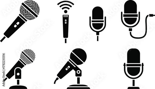Microphone icons set silhouette, vector illustration 