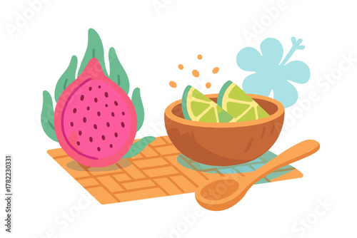 Colorful tropical fruit still life composition featuring dragon fruit and lime slices in a wooden bowl on a patterned mat