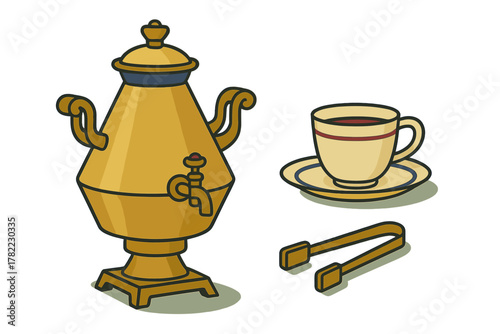Traditional golden Russian samovar set with classic tea cup saucer and sugar tongs