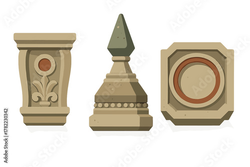 Stylized ancient stone architectural elements with decorative carvings and textures