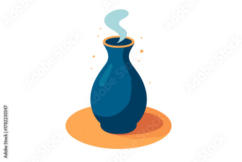 Decorative dark blue ceramic vase emitting white steam on a textured orange circular base