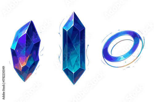 Magical glowing blue and purple fantasy crystals with a mysterious energy ring