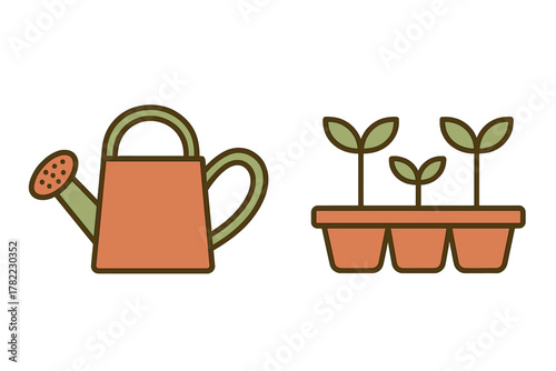 Watering can and newly sprouted plants in a starter container for home gardening