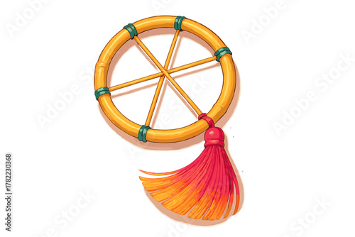 Stylized bamboo hoop with spokes and vibrant red and orange gradient tassel hanging below
