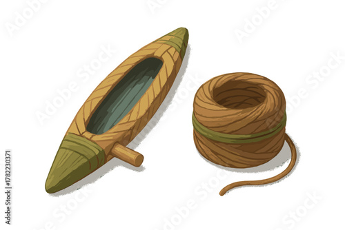 Stylized miniature wooden canoe model next to a large coil of brown rope or twine