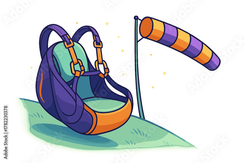 Colorful paragliding harness and striped windsock resting on a grassy slope