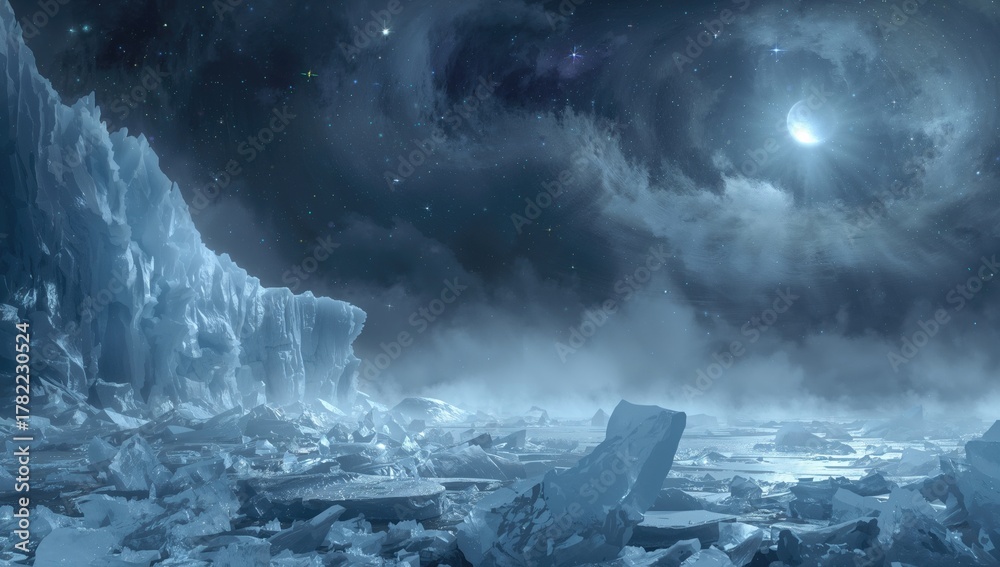 Obraz premium Nighttime fantasy scene with frozen, cracked ice under a star-filled sky. Moonlight shining on icy surface with misty atmosphere illustration