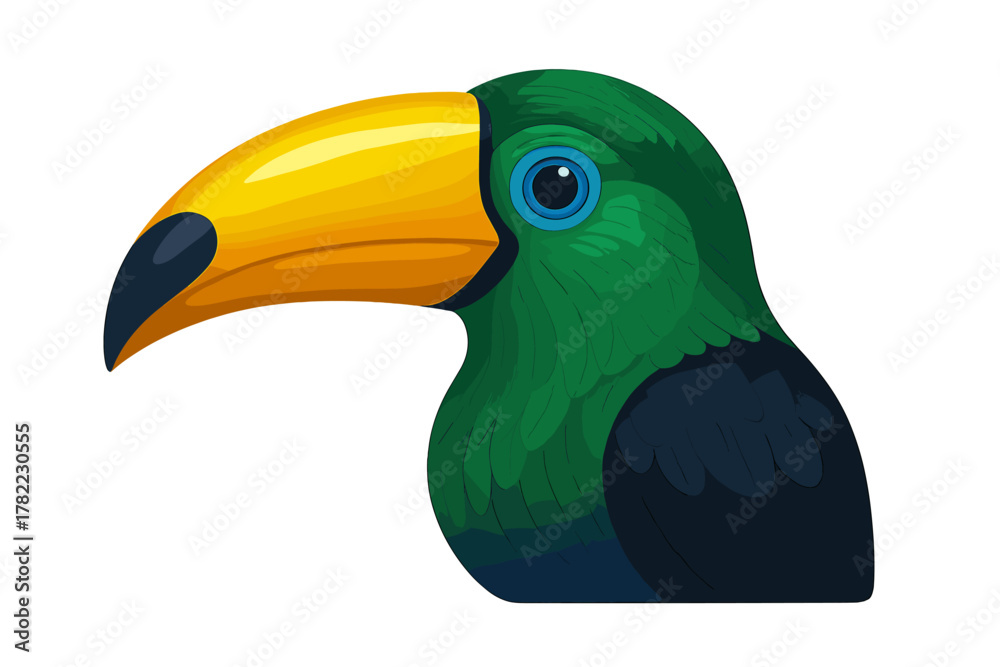 Obraz premium Detailed portrait of a tropical toucan bird with bright green plumage and a massive yellow bill