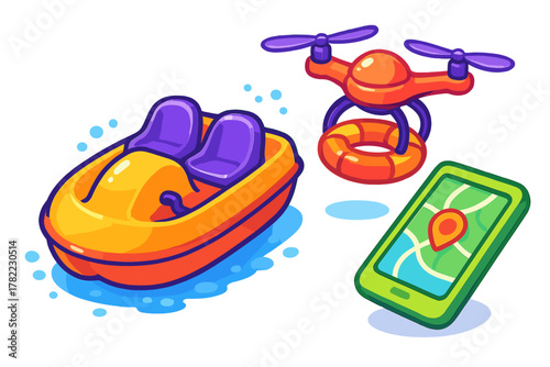 Collection of recreational and safety items including watercraft, rescue drone, and mobile map application