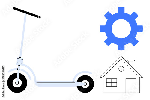 Lightweight scooter next to a gear cog and house symbolizing sustainable transport, innovation. Ideal for mobility, technology, urban planning, energy, simplicity, innovation eco-lifestyle. Clean