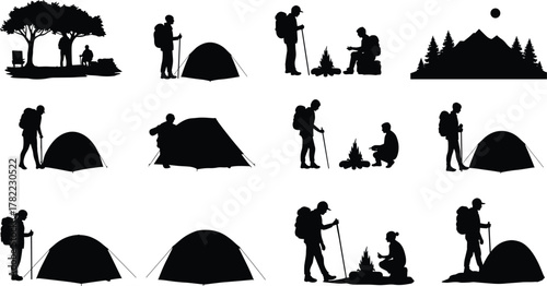 Camping and hiking silhouettes with tents, campfire, mountain landscape, outdoor adventure illustration, nature leisure activity, trekking lifestyle design, forest exploration, flat vector