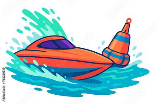 Dynamic high speed powerboat navigating rough water near a striped safety marker buoy