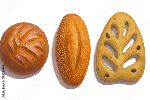 Variety of freshly baked artisan bread including round scored loaf, seeded baguette, and olive focaccia