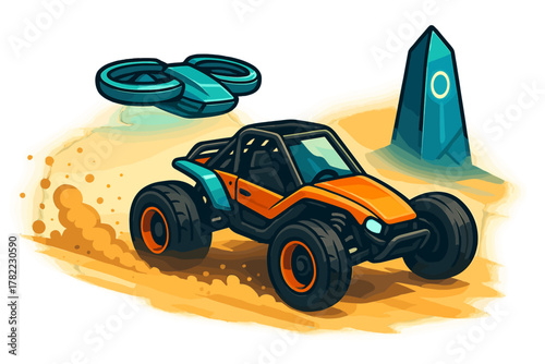 Futuristic off-road buggy driving across a sandy desert landscape with a flying drone and ancient monument
