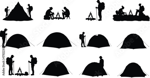 Camping silhouettes with tents, hikers, campfire scenes, outdoor adventure illustration, nature leisure activity, forest exploration, trekking lifestyle design, travel recreation, flat vector