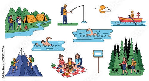 Vibrant outdoor adventures captured with diverse people enjoying camping, fishing, swimming, boating, hiking, and picnics in nature