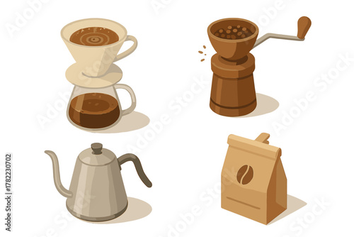 Isometric set of manual coffee brewing tools including grinder, pour over dripper, kettle, and bean bag