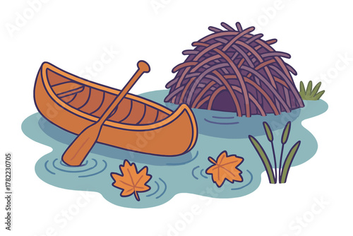 Wooden canoe and paddle resting by a beaver lodge surrounded by water and floating maple leaves