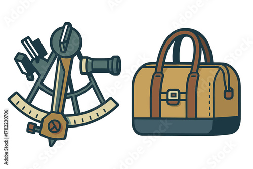 Vintage navigational sextant instrument and classic travel duffel bag set for adventure and journey