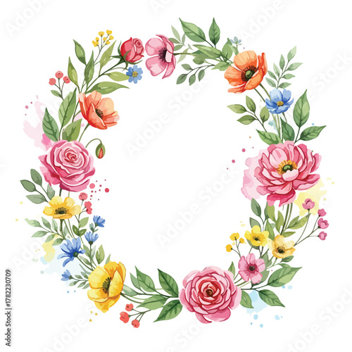 Vintage Floral Vector Wreath with Roses Poppies and Wildflowers in Soft Pastel Colors Modern Organic Style