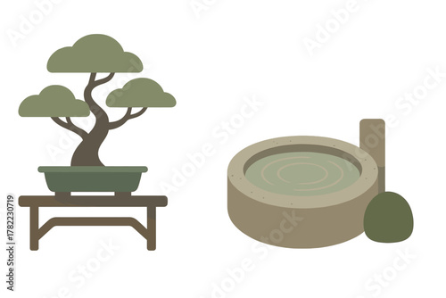 Japanese bonsai tree on a wooden table next to a traditional stone water basin