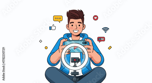 Vector illustration of young influencer recording video with smartphone and ring light.